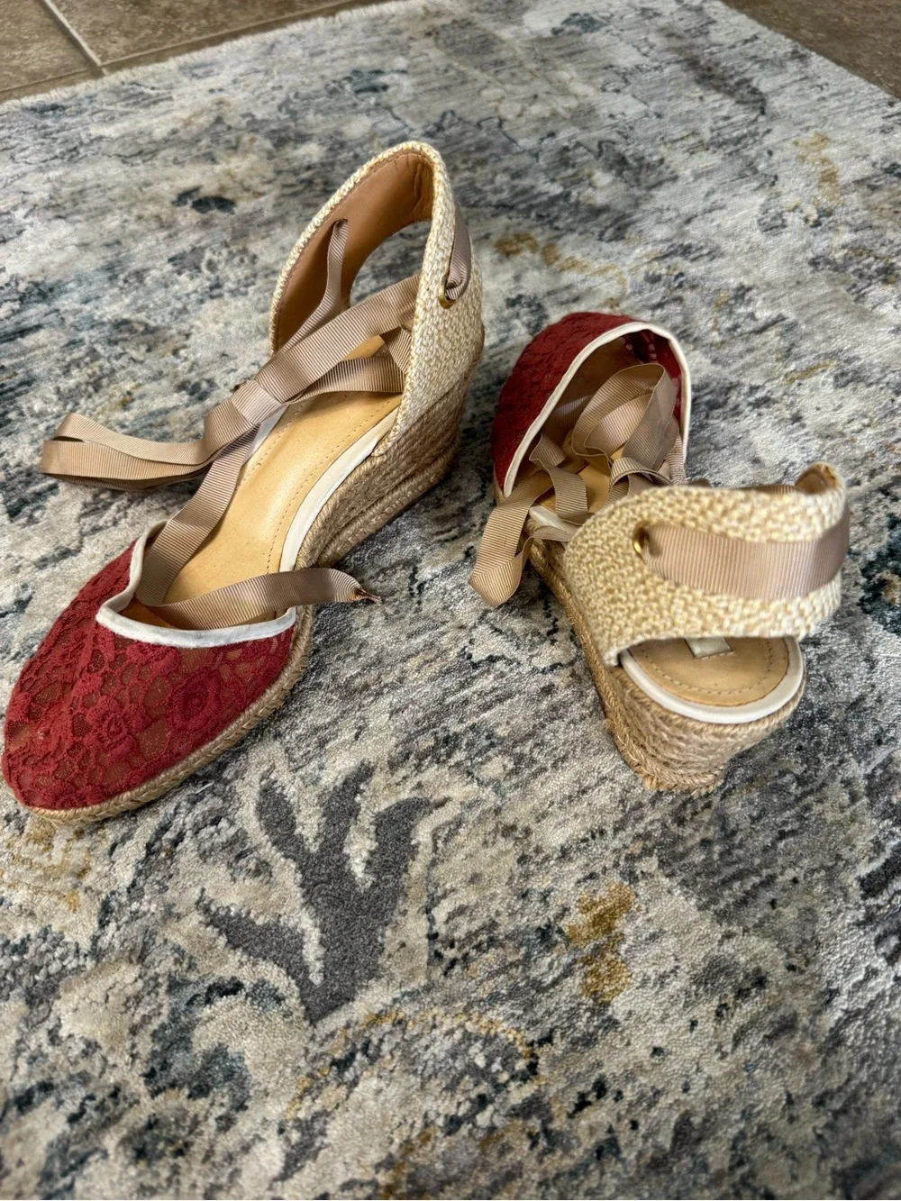 SCHUTZ Red Lace Espadrille Wedges with Tan Ankle Ties